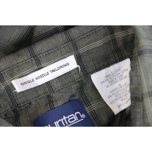 Puritan Mens Size Large Button Up Down Long Sleeve Check Shirt Olive Green - Picture 7 of 7
